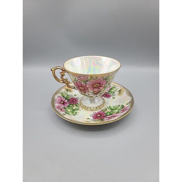 Ucagco Ceramics Japan October Birthday Cosmos Floral Tea Cup & Saucer - Picture 1 of 15